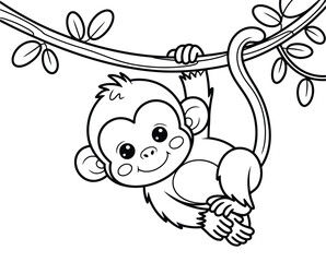 Cartoon monkey hanging from tree branch with leaves, smiling playfully in black and white line art style for coloring and illustration use