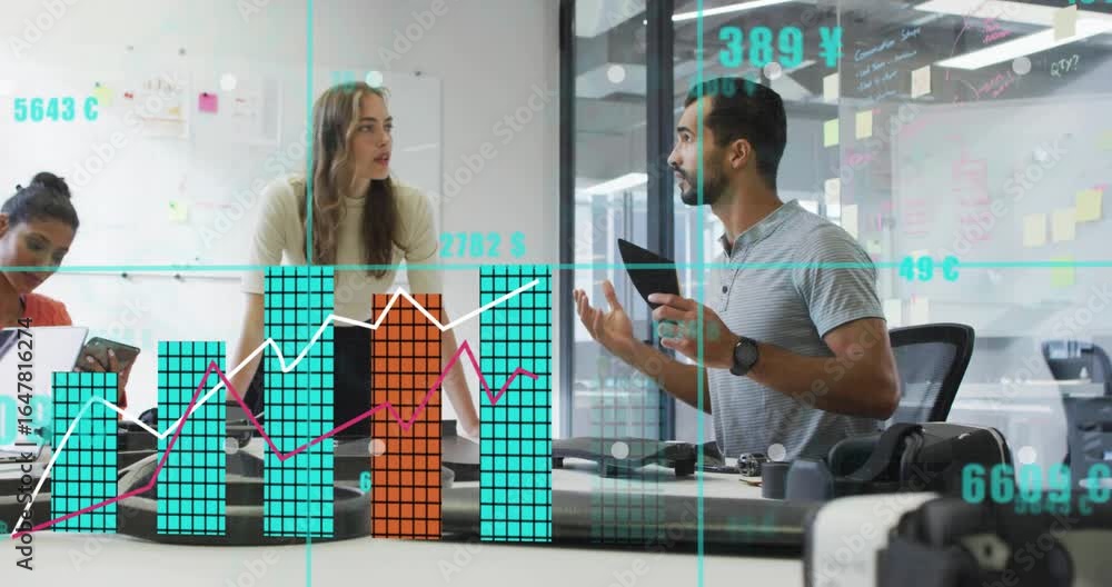 Poster business colleagues tapping tablet in room, starting data analysis with grid and rising bar graphs