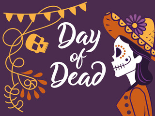 Day of the Dead Illustration with Calavera Woman Skull Garland and Decorative Floral Elements