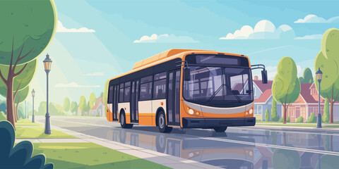 Modern orange and white bus driving through suburban neighborhood with houses, trees, and wet road under sunny sky after rainfall © Zavivec