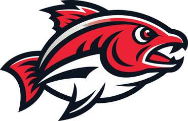 Aggressive red fish mascot with sharp teeth and fins