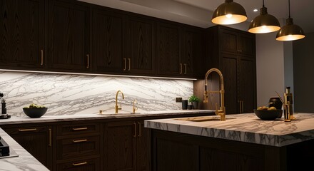 dark wood kitchen with marble backsplash, gold accents, recessed lighting, cinematic perspective