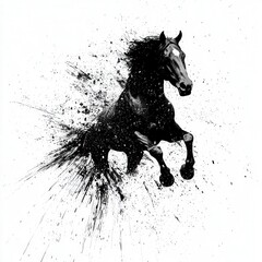 Splattered Ink Black and White Stencil of a Galloping Horse