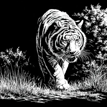 Striking Black and White Stencil of a Tiger in a Forest