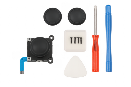 Replacing analog stick module, thumbsticks, and screws for video game controller repairing with tools on transparent background