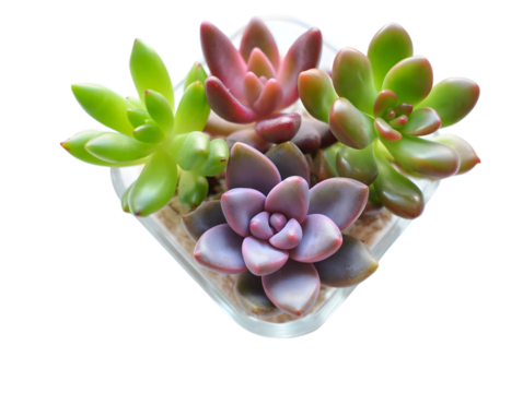 Overhead shot of vibrant Sedum Rubrotinctum succulents;  colorful creeper plant arrangement in a clear square pot.