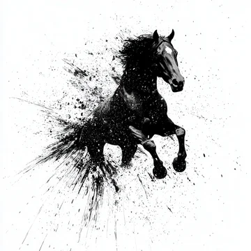 Splattered Ink Black and White Stencil of a Galloping Horse