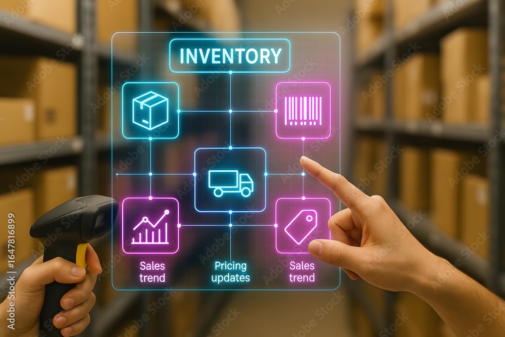 Aufkleber modern inventory management system with digital dashboard and barcode scanner in warehouse setting