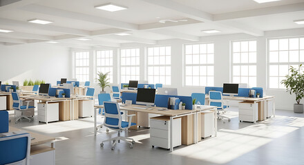 Contemporary open-concept office interior with numerous workstations, ergonomic chairs, and abundant natural light, creating an inviting and productive business environment.