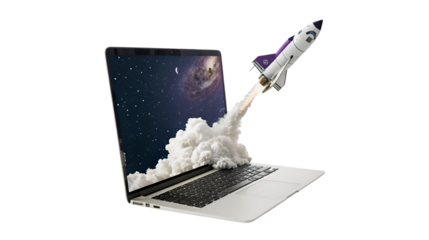 Rocket launching from laptop screen space travel innovation technology