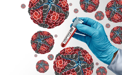 Chikungunya virus Diagnosis blood test as an outbreak concept due to a a mosquito borne virus pathogen causing high fever severe joint pain and other flu like symptoms as a doctor holding a vial.