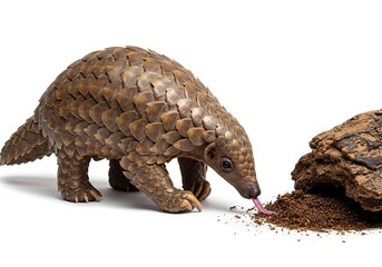Fototapeta premium Pangolin eating ants from the ground isolated on white background