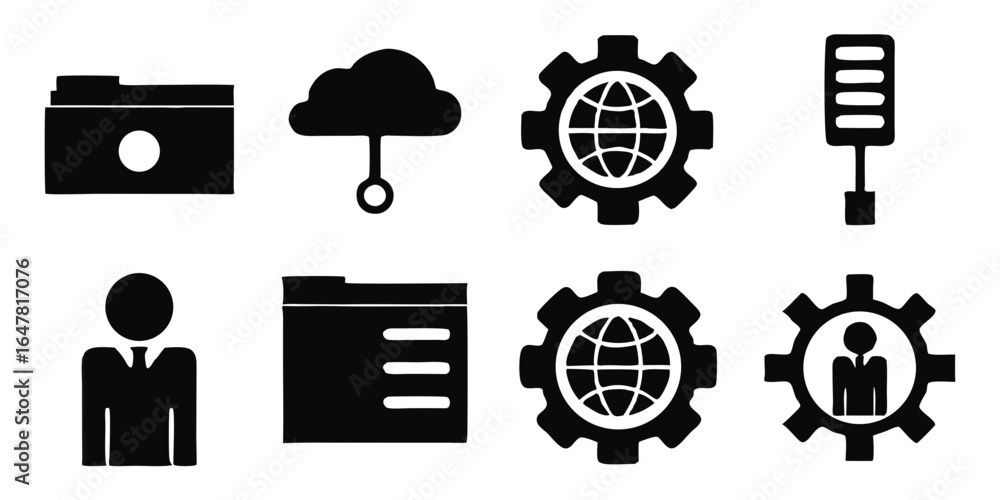 Poster collection of black business and technology icons isolated on white background, featuring folders, c