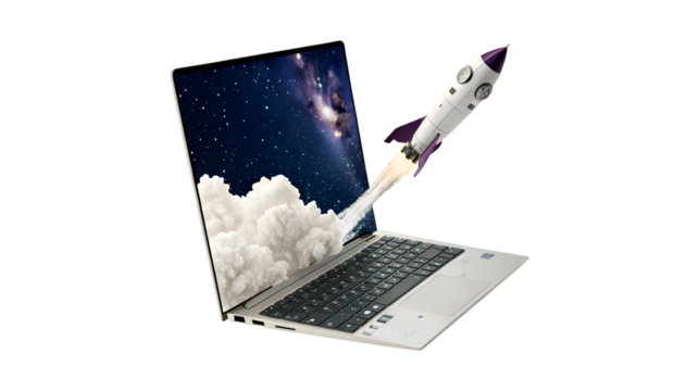 Rocket launching from laptop screen space travel technology innovation - Powered by Adobe