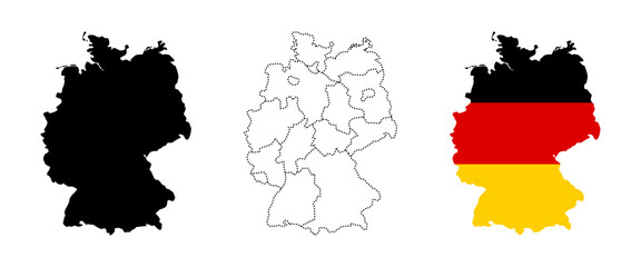 Germany map silhouette. Germany country borders black, outline and flag-filled sign. Federal republic region territory symbol. European country shape pictogram. Geographic Deutschland illustration.