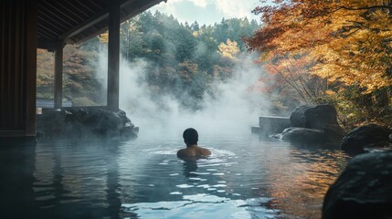 Fototapeta premium Relaxing in a serene hot spring amidst nature s beauty with steam rising all around