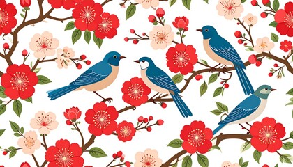 Whimsical spring birds amidst vibrant floral blossoms creating a joyful and serene atmosphere