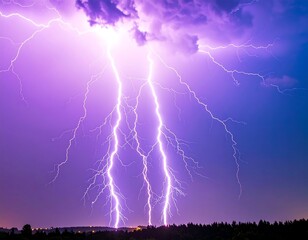 Powerful lightning strikes against a vibrant purple sky