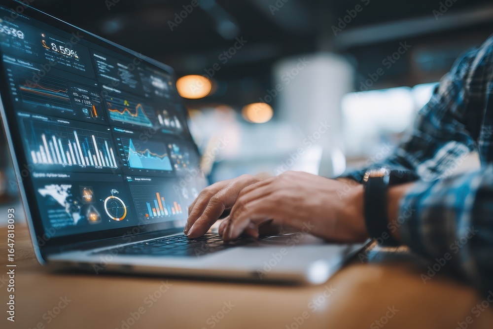 Poster analyzing seo metrics and web analytics using advanced digital tools at a modern workspace during da