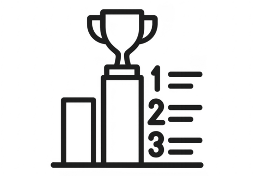 Trophy sitting on podium with numbers one, two and three representing winning and competition with transparent background