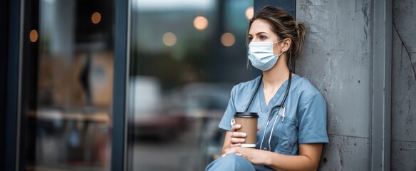 The nurse taking a reflective break outside holding a coffee cup and stethoscope
