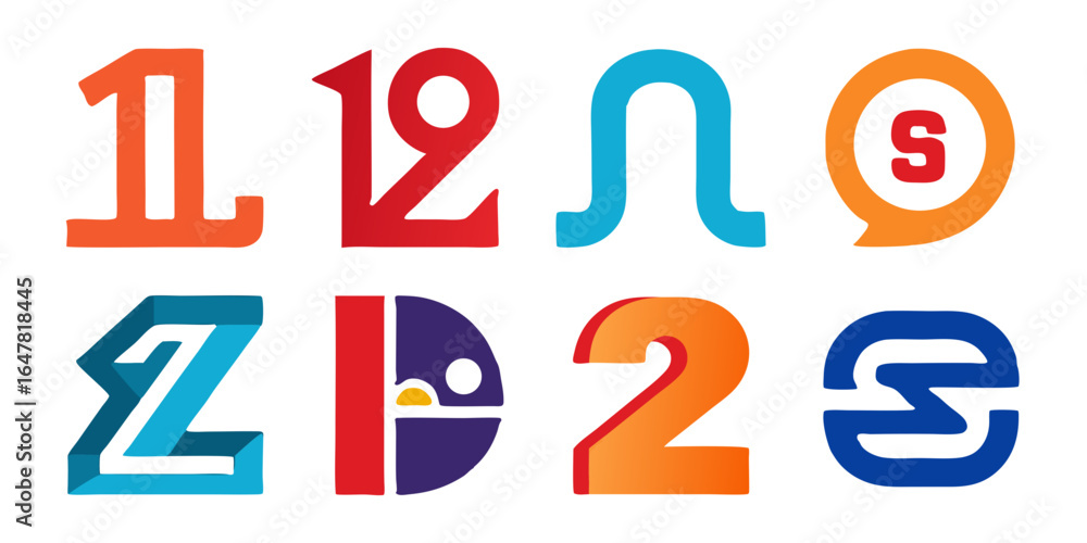 Poster collection of modern and colorful number logos isolated on white background featuring abstract numbe