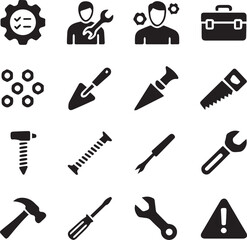 Collection of various tool icons including hammer brush scissors pencil and screwdriver in vector design style