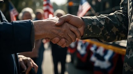 A warm handshake between a civilian and a soldier during a public ceremony, symbolizing respect and unity among citizens and military personnel. USA patriotic and veteran symbol