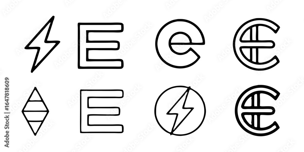 Poster collection of eight different letter e icons and lightning bolt isolated on white background for log