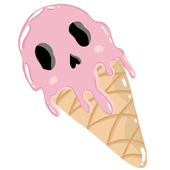 Ice cream kawaii Halloween cartoon hand drawn illustration of a melting skull ice cream cone in pastel colors for cute spooky seasonal designs
