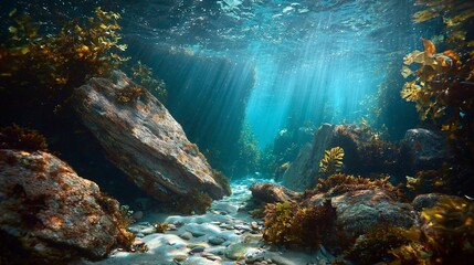 Obraz premium Underwater scene with sunbeams illuminating rocks, kelp, and a sandy seabed