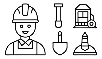 Construction worker with tools and equipment hardhat shovel