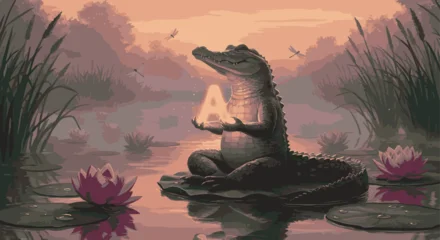 Selbstklebende Fototapeten Cappuccino Mystical Alligator Meditating with a Glowing Orb in a Serene Swamp Landscape at Dusk  © Mohamed