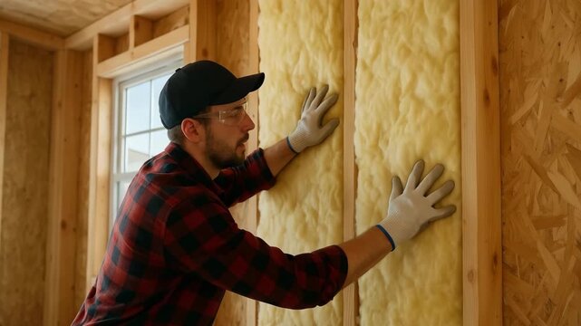 Man installing insulation panels in wooden house interior  