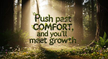 "Push past comfort, and you'll meet growth" is set over a path leading into a sunny forest, a call to challenge yourself for personal development.