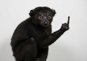 Fototapeta premium A black lemur sits and points its middle finger with a curious expression