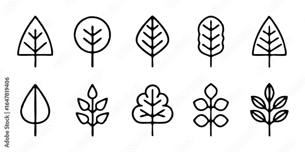 Poster set of minimalist tree icons isolated on white background a collection of leaf and branch designs fo