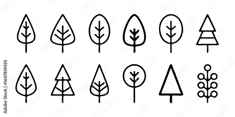 Poster collection of simple tree icons isolated on white background a set of minimalist tree designs for na
