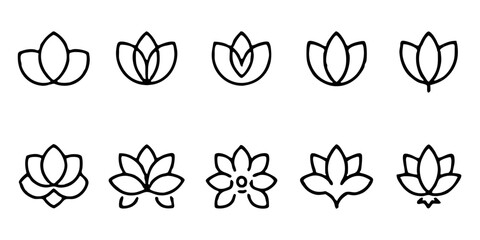 Collection of minimalist lotus flower icons isolated on white background a set of simple and elegant designs for various creative projects, representing purity and serenity