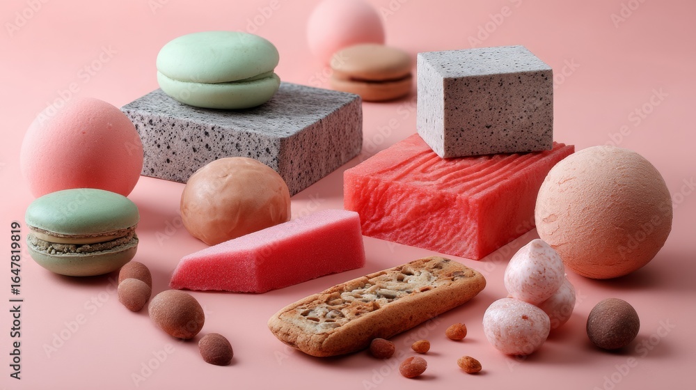 Aufkleber assorted macarons and textured blocks for colorful dessert and bakery presentation
