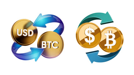 USD and BTC Cryptocurrency Exchange Gold Coins Arrows