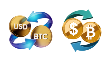 USD and BTC Cryptocurrency Exchange Gold Coins Arrows