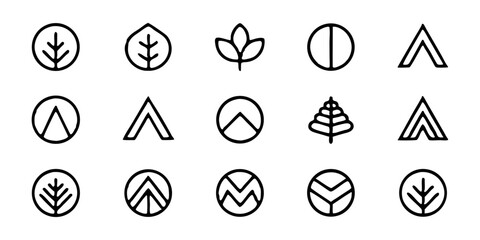 Fototapeta premium Collection of minimalist leaf and tree logos isolated on white background simple, geometric designs for modern brands and natureinspired concepts, perfect for badges and hipster art