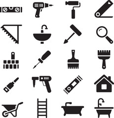 Obraz premium Set of vector tool icons including hammer brush saw screwdriver and drill for construction and repair