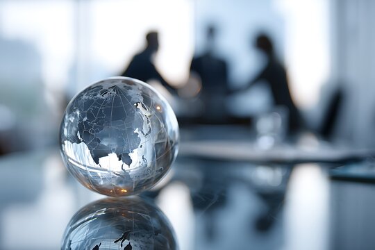 A crystal globe rests on a reflective office table, with the blurred silhouettes of businesspeople engaged in a meeting, symbolizing global connections and teamwork.