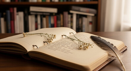 Open Notebook with a Feather Pen and Dried Flowers