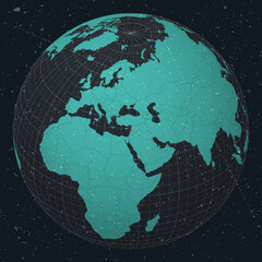 Lebanese Republic on Globe. Vintage look with grunge scratched texture. Country view on world map in Dark Charcoal Turquoise color palette. Lebanon shape on map. Globe with meridians and parallels.