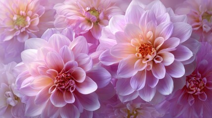 Obraz premium A beautiful close up view of many soft pink dahlia flowers in full bloom.