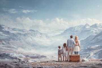 Family enjoys breathtaking mountain views while exploring nature during travel adventure in stunning landscape