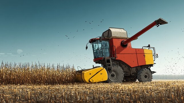 Moissonneuse-batteuse rouge travaillant dans un champ de cereales dorees